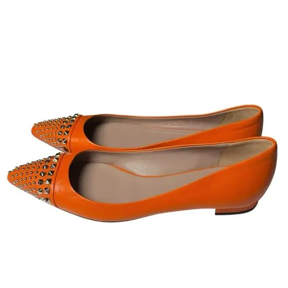 Gucci Pointed Toe Orange Leather Flats Silver Stud Toe Cap Slip On EU 37 US 7 - Picture 4 of 14
